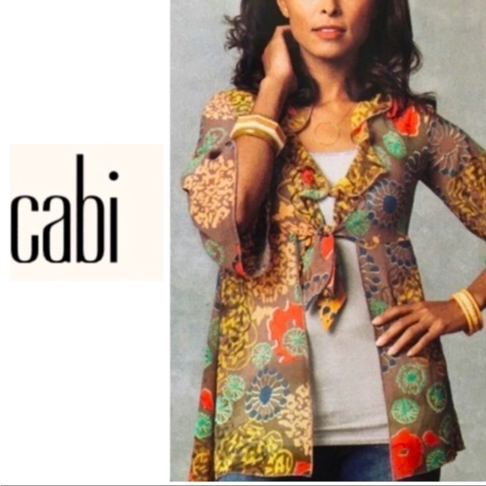 CAbi Shakespeare floral tie front bell sleeves sheer kimono top